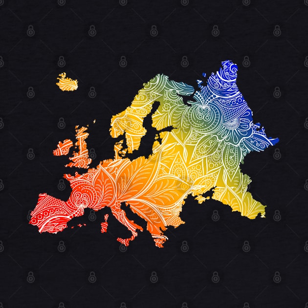 Colorful mandala art map of Europe with text in blue, yellow, and red by Happy Citizen